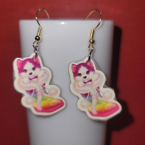 Lisa Frank Inspired Handmade Dangle Earrings  Upcycled Plastic with Cute Puppies - Picture 3 of 7